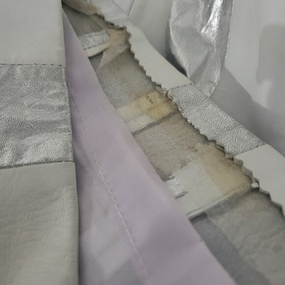 Vintage Leather Dress Silver Metallic White Striped Sheath Pencil Straight Large - Picture 11 of 15